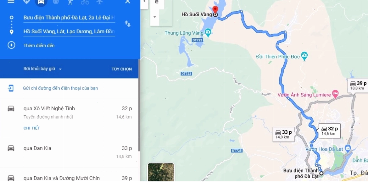 Bản đồ chỉ dẫn đường đi đến Hồ Suối Vàng Đà Lạt