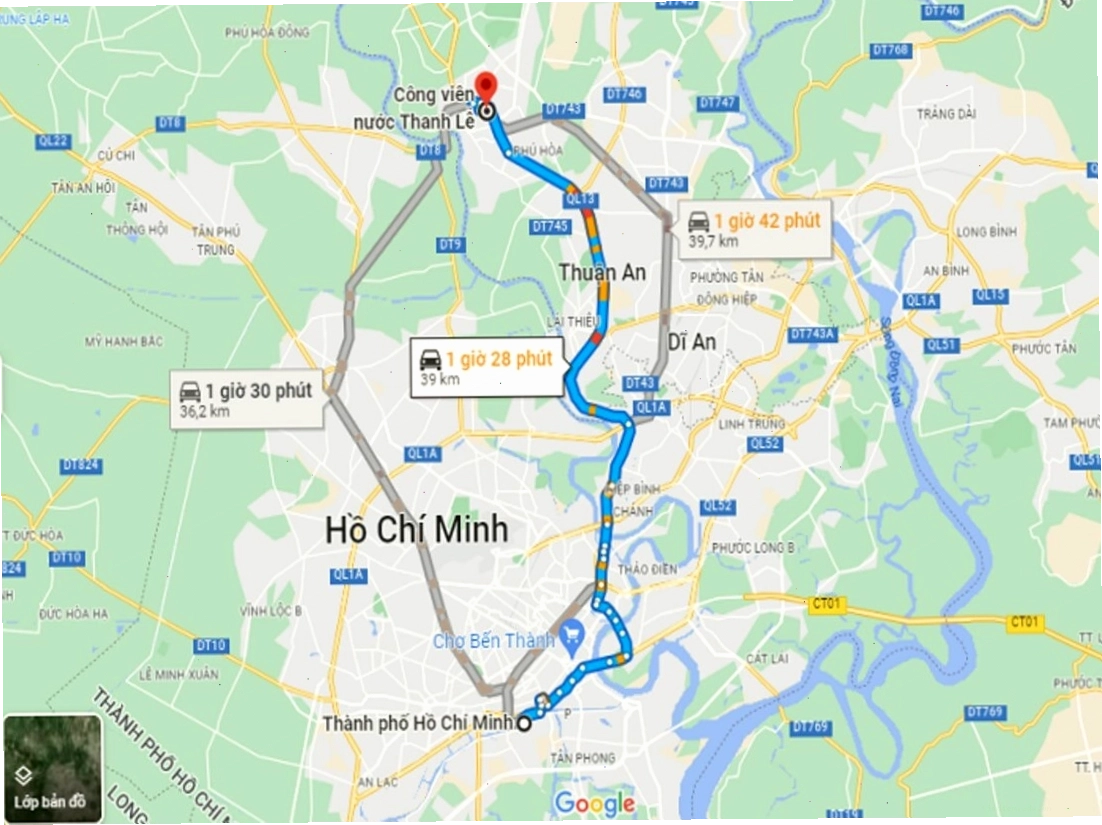 Bản đồ hướng dẫn di chuyển đến công viên nước Thanh Lễ Thủ Dầu Một