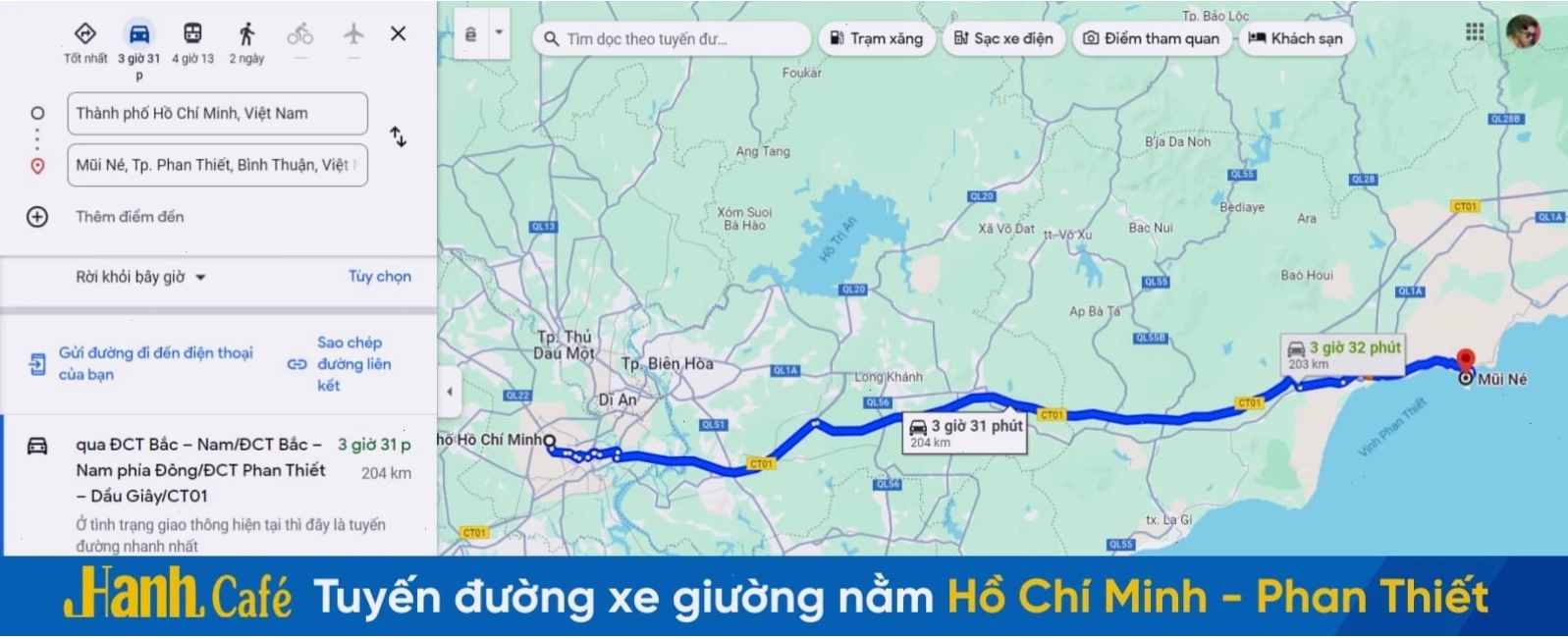 Bản đồ tuyến đường cao tốc xe giường nằm Sài Gòn - Phan Thiết