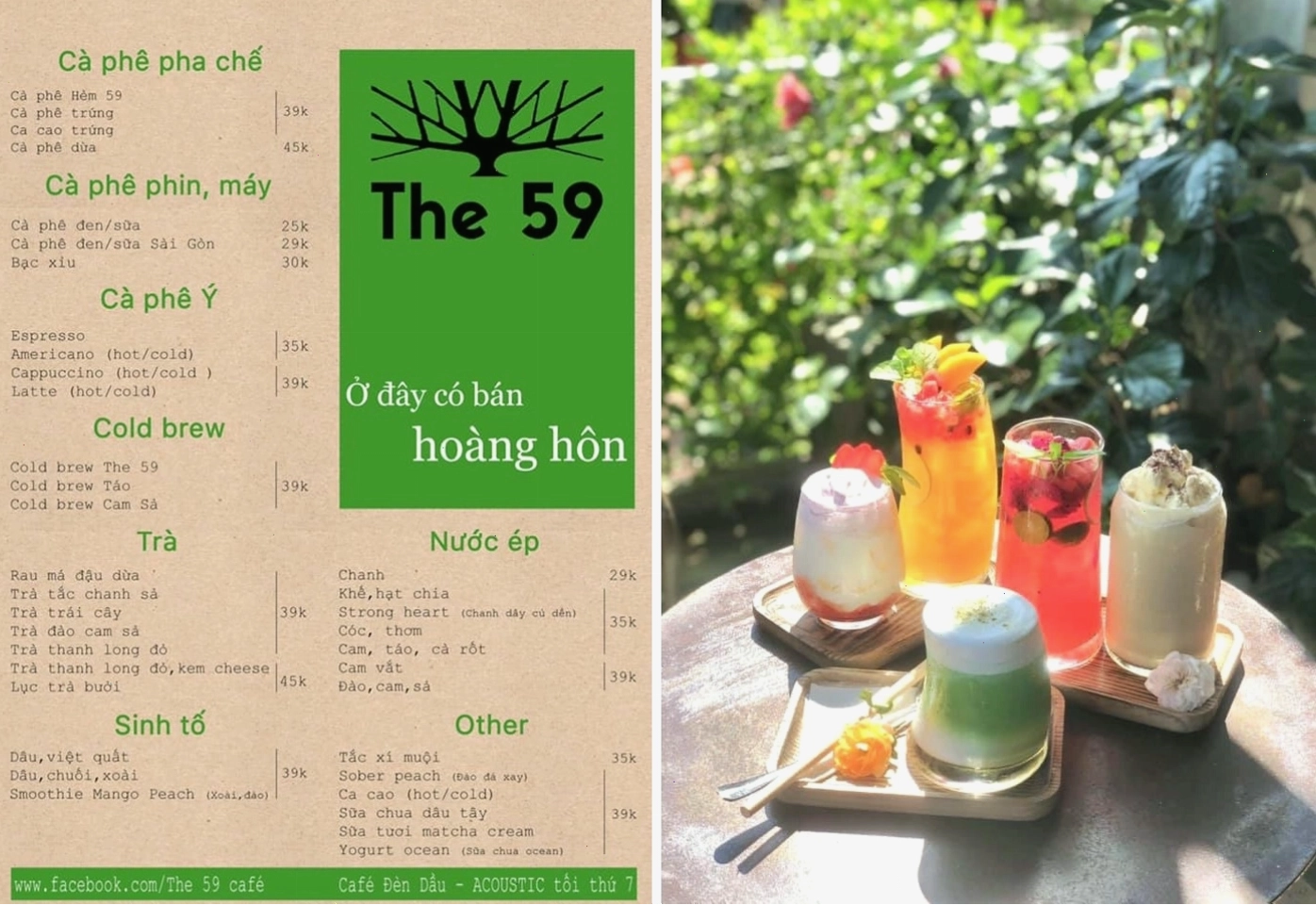 Bàn ghế ngoài trời tại The 59 Cafe với view nhìn ra khu vực yên tĩnh