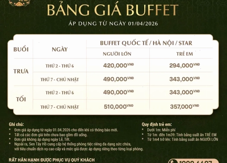 Bảng giá buffet Sen Tây Hồ 2026 với nhiều lựa chọn hấp dẫn