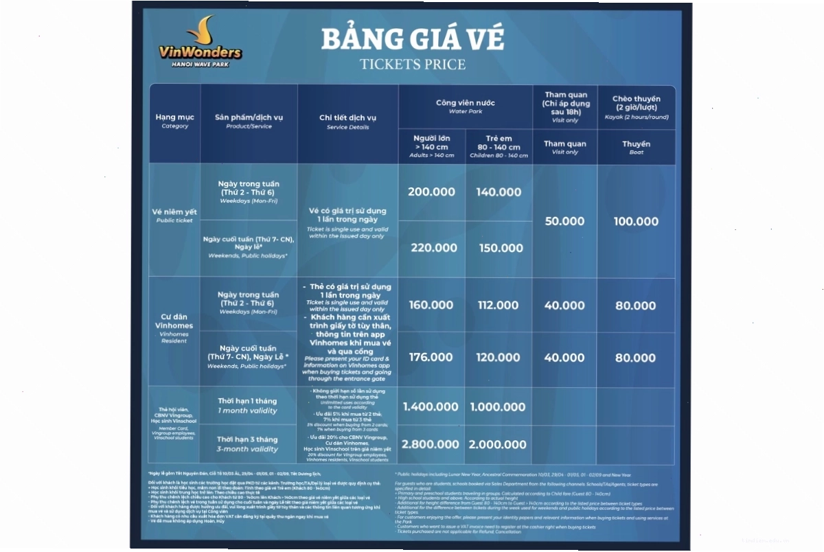 Bảng giá vé chi tiết của công viên sóng Royal Wave Park