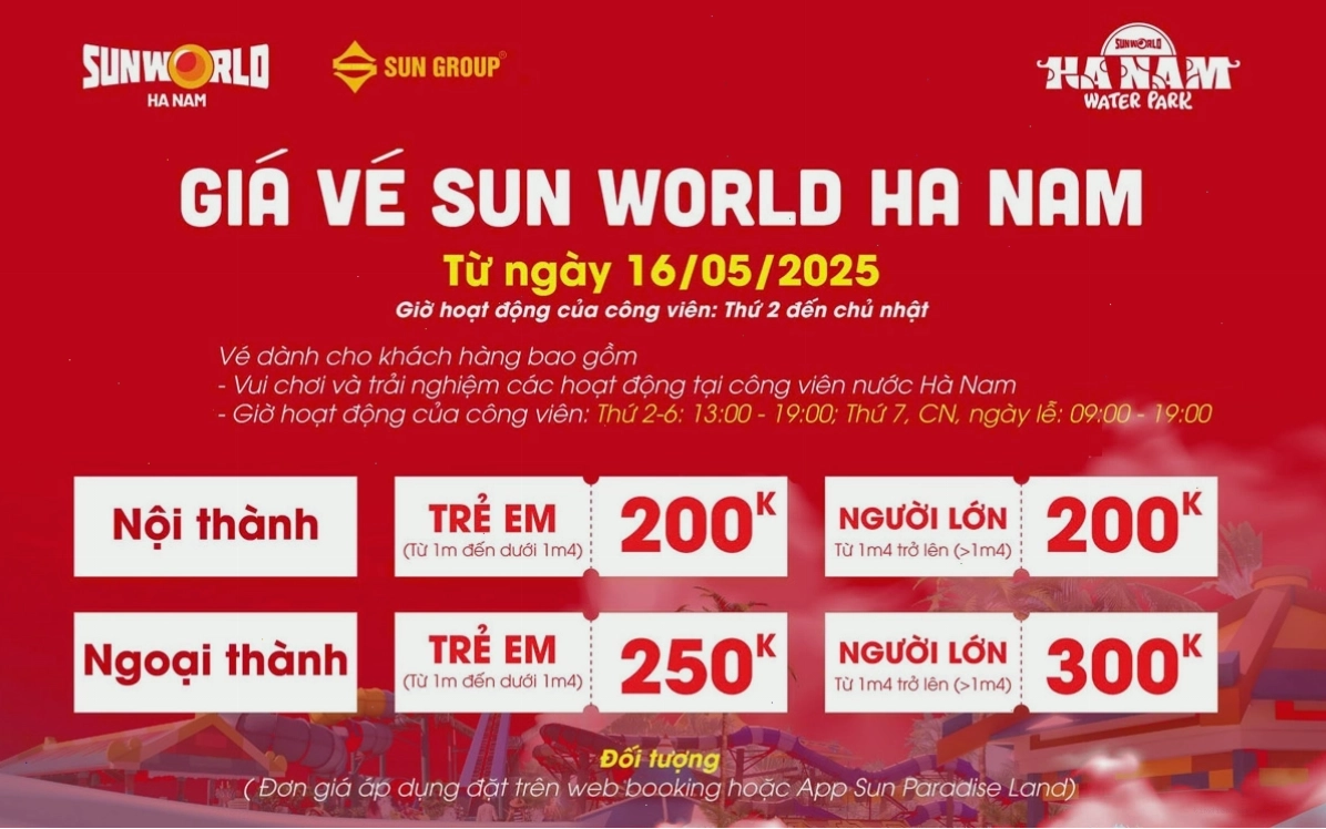 Bảng giá vé công viên nước Sun World Hà Nam năm 2026