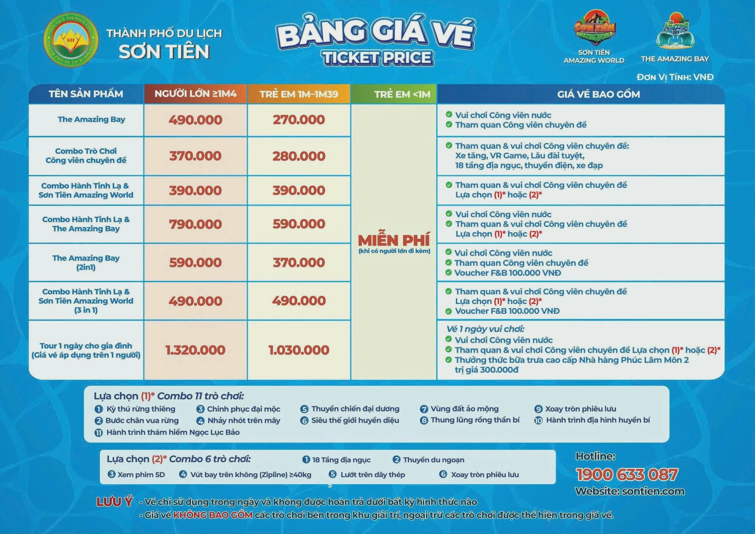 Bảng giá vé mới nhất 2026 tại Sơn Tiên