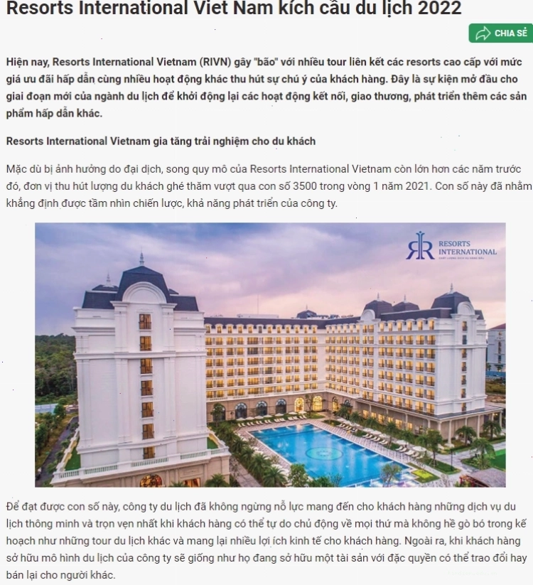 Báo 24h nói về Resorts International Vietnam