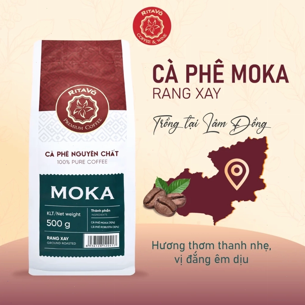Bao bì sản phẩm cà phê Moka 500 gram của RitaVõ Premium Cafe