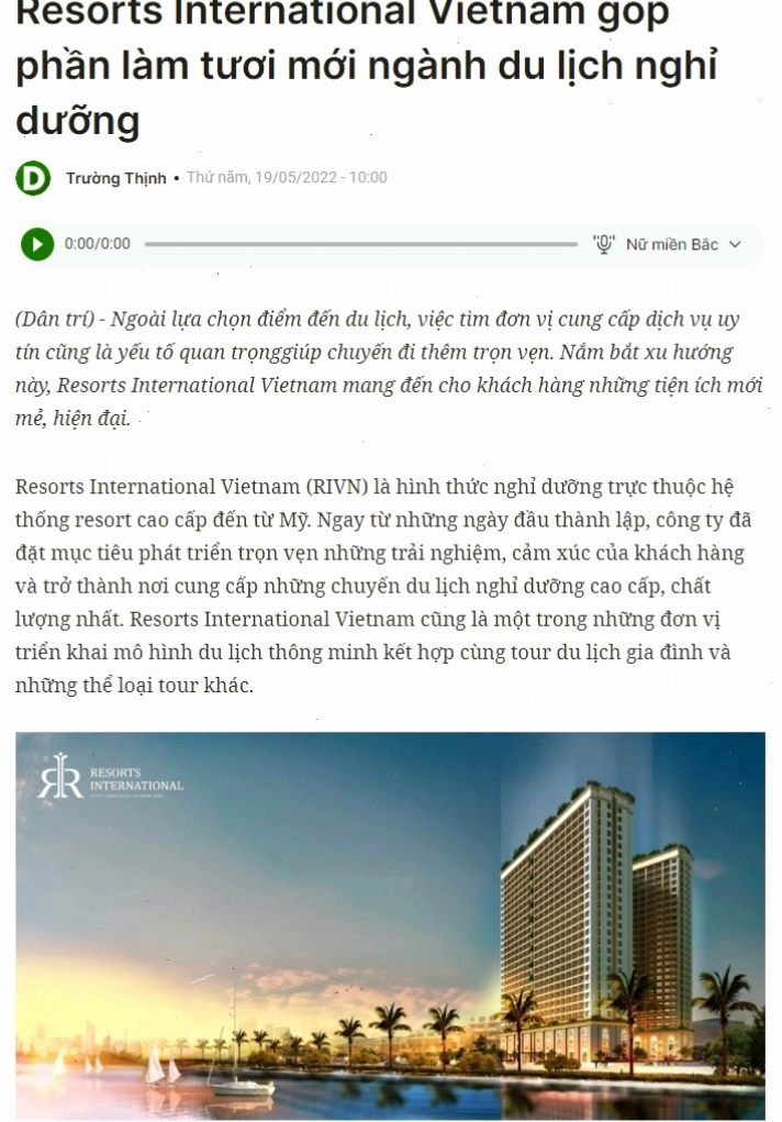 Báo Dân Trí nói về Resorts International Vietnam