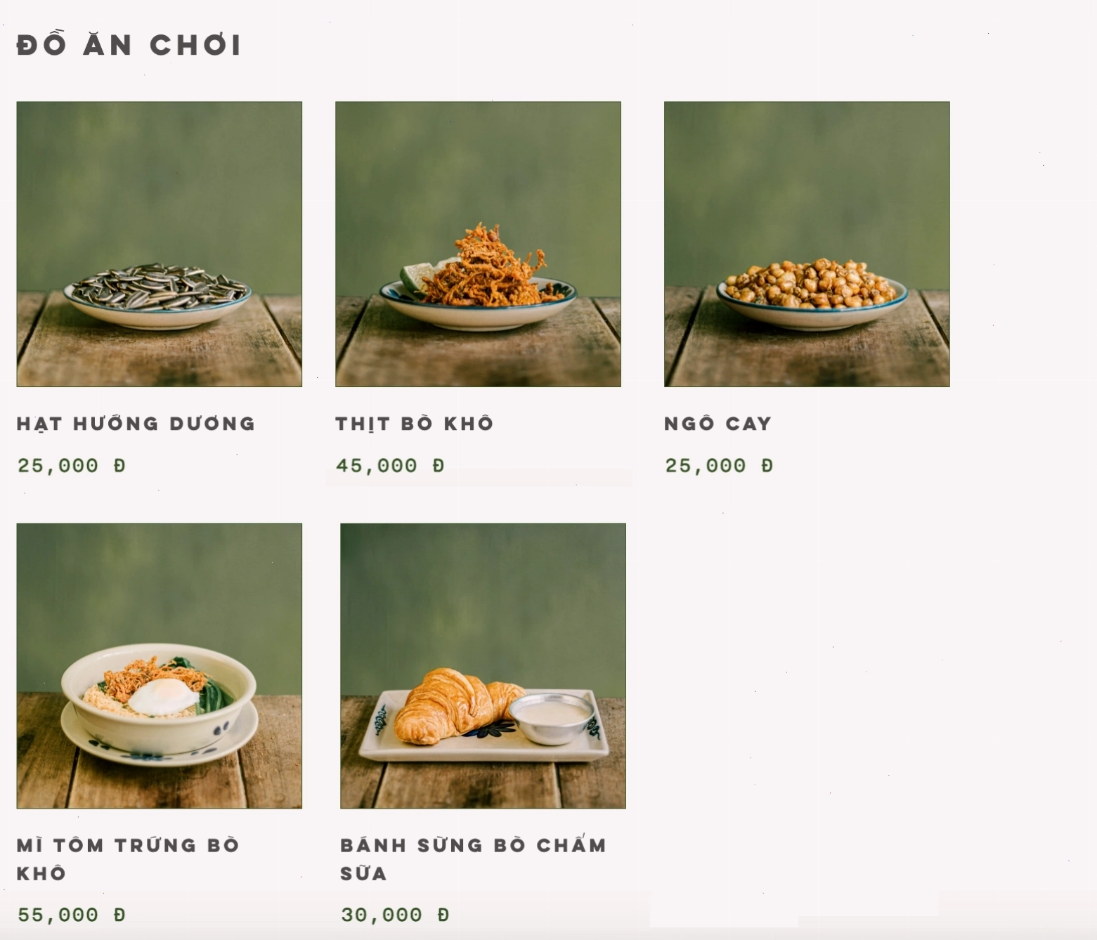 Các món ăn vặt phong phú trong menu Cộng Cà Phê