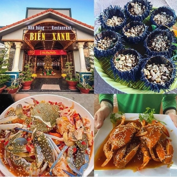 Các món ghẹ, tôm, nhum trên đĩa tại nhà hàng Biển Xanh