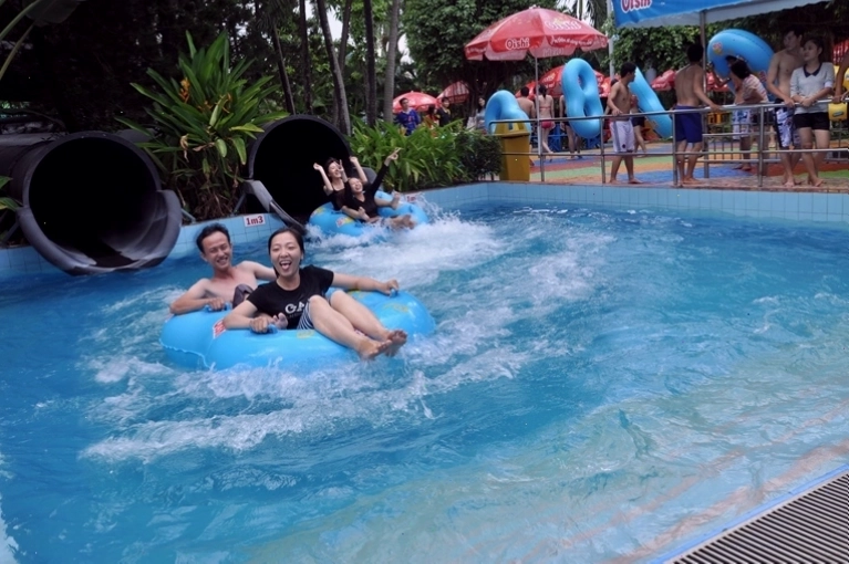 Cảnh quan xanh mát bao quanh khu vực hồ bơi tại Công viên Nước Đầm Sen