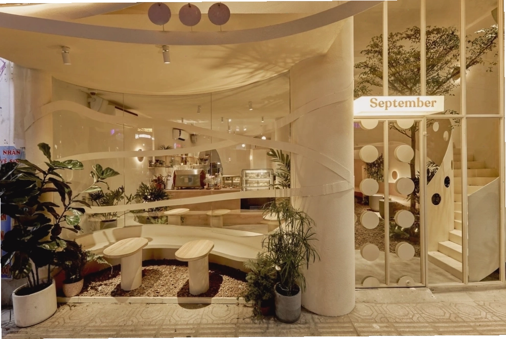 Chi tiết trang trí nội thất quán cafe tổ chim, nhấn mạnh vào hình tròn