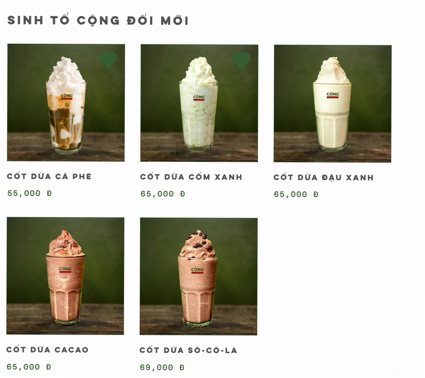 Đa dạng các loại sinh tố trái cây tại menu Cộng Cà Phê