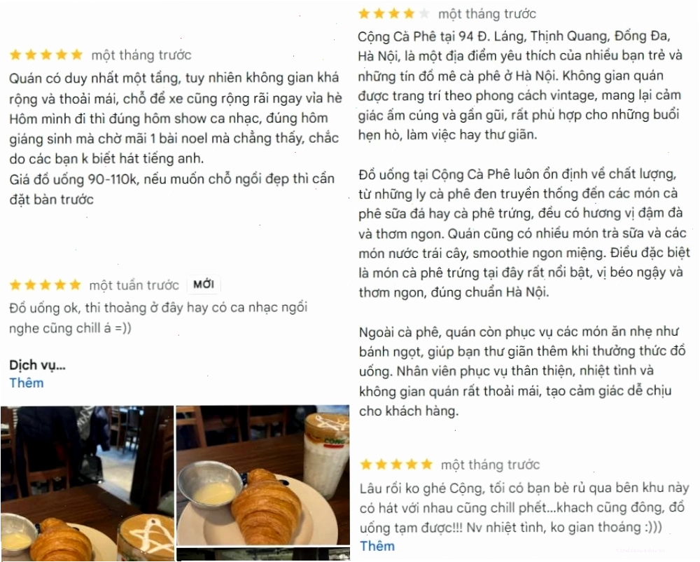 Đánh giá tích cực từ thực khách về Cộng Cafe Ngã Tư Sở