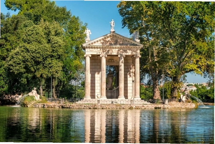 Đền thờ Asclepius nằm giữa hồ nước trong Vườn Villa Borghese