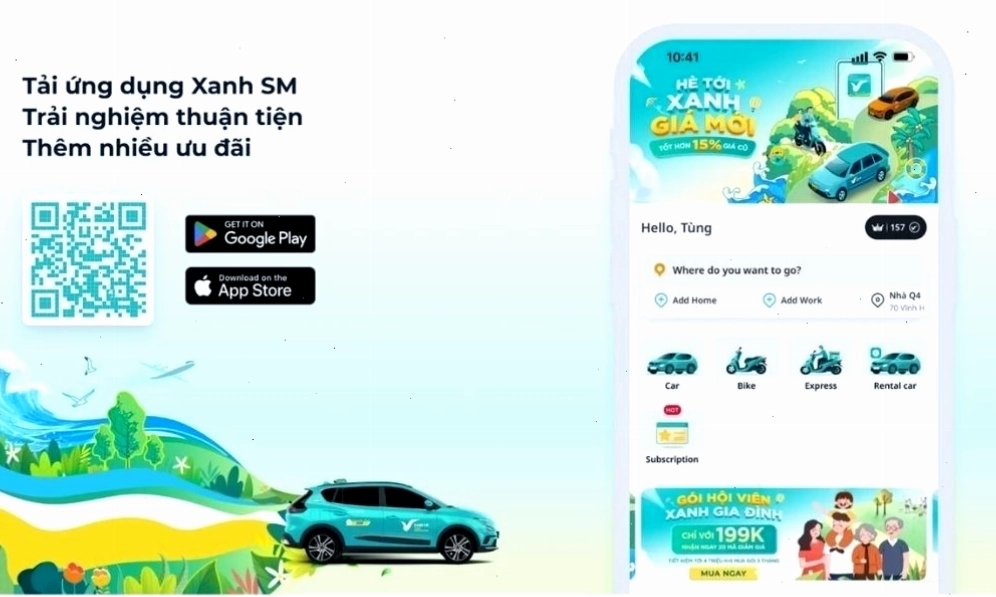 Đừng quên tải app và đặt xe Xanh SM qua ứng dụng để tận dụng các ưu đãi hấp dẫn
