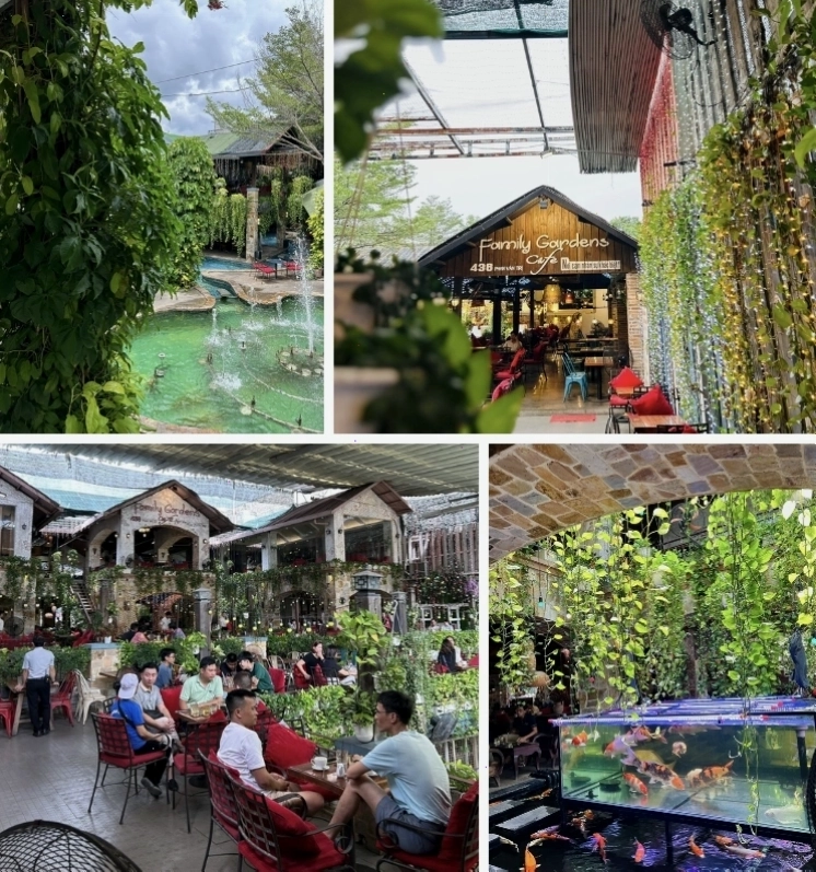 Garden Land Café với không gian cây xanh mát mẻ và khu vực thư giãn