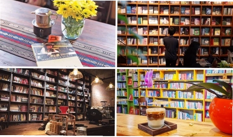 Không gian ấm cúng tại một quán cafe sách