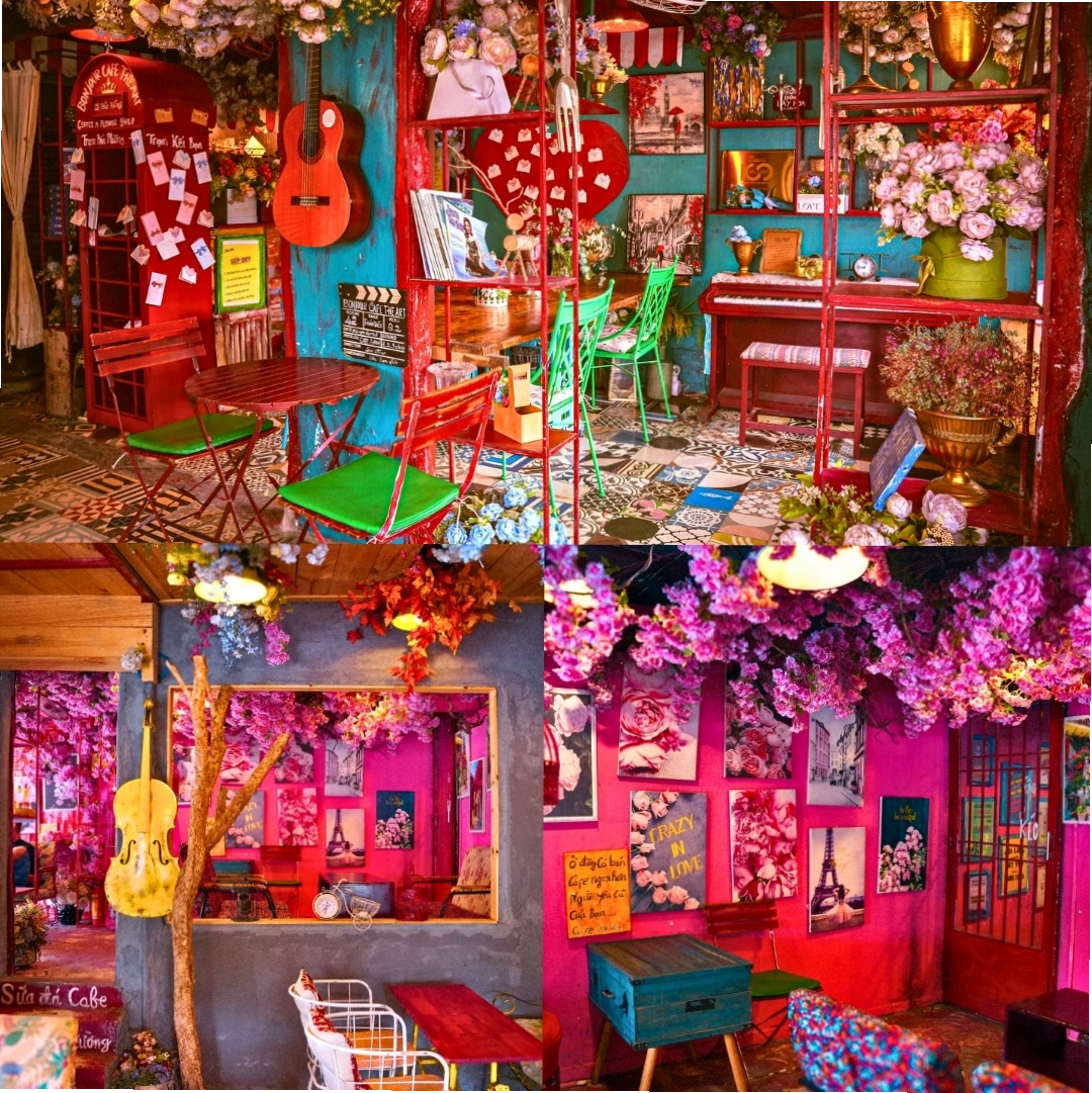 Không gian Bonjour Cafe The Art với màu đỏ chủ đạo mang phong cách Paris