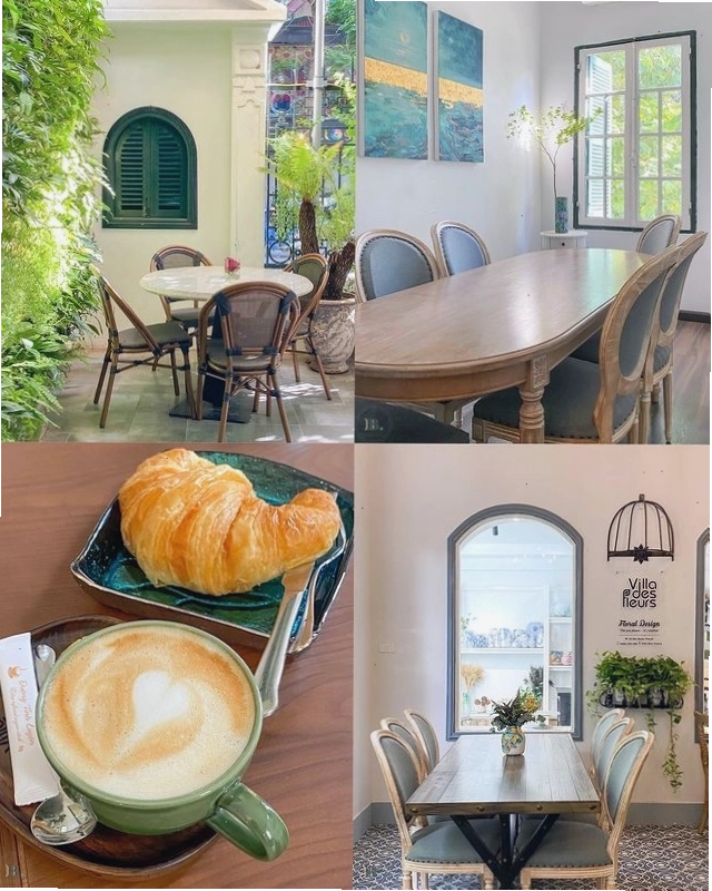 Không gian tầng hai ấm cúng tại Villa des Fleurs với đèn chùm vàng và đồ decor cổ điển