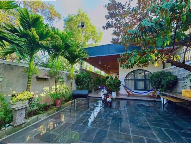 Khu sân vườn bên trong Homestay Thịnh Lagi trồng nhiều loại cây quen thuộc