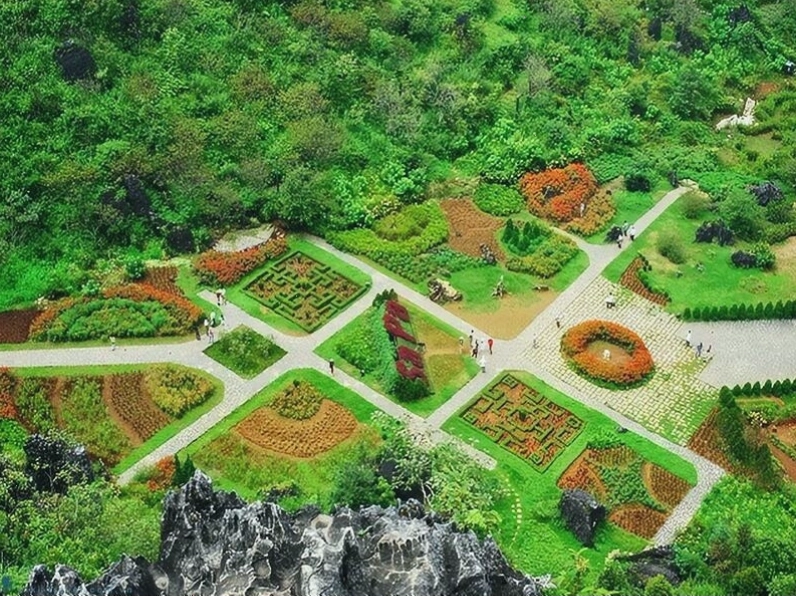 Khung cảnh núi Hàm Rồng với cây cối xanh tươi và view nhìn ra thị trấn Sapa