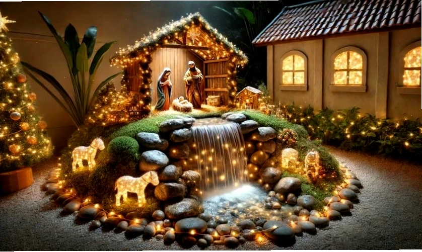 Mẫu hang đá Giáng Sinh có thác nước tạo không gian huyền ảo