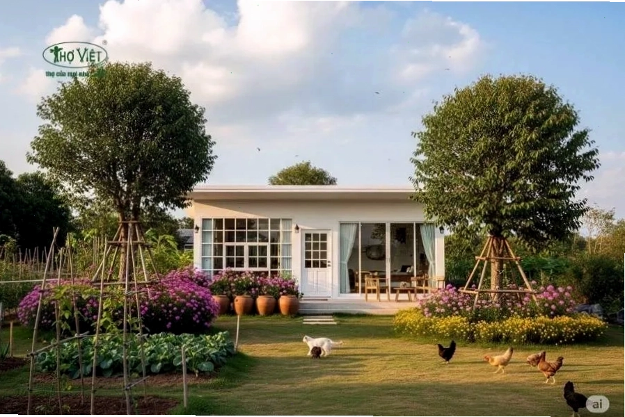 Mẫu nhà homestay đẹp 2 tầng, kết hợp yếu tố sân vườn