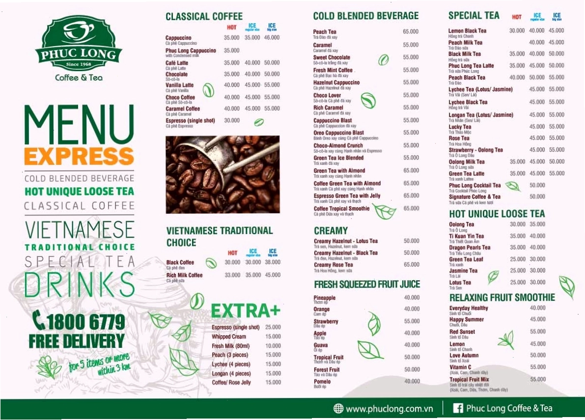 Menu đa dạng của Phúc Long với nhiều loại trà và cà phê