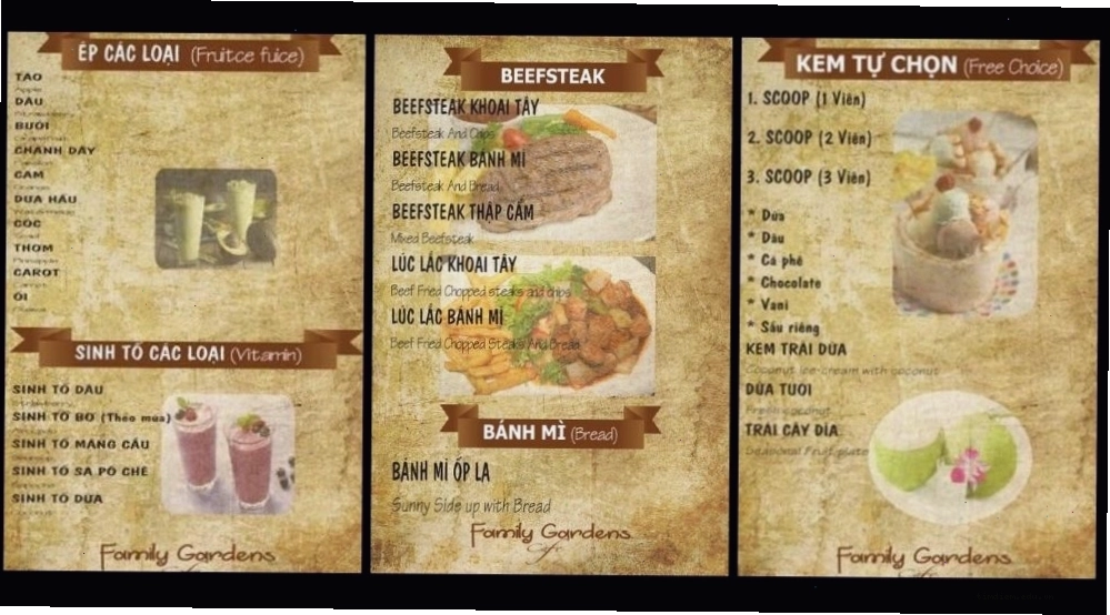 Menu đa dạng với nhiều đồ uống và món ăn hấp dẫn tại Family Gardens Café
