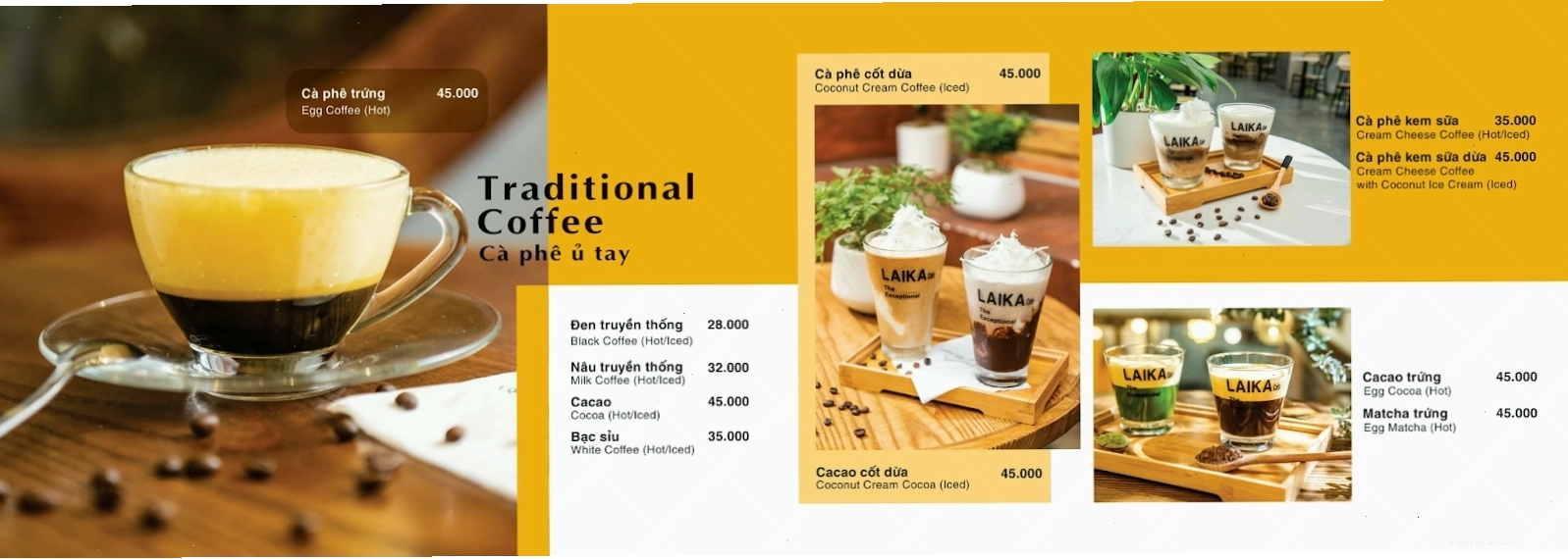 Menu Laika Cafe với đa dạng các loại cà phê pha máy