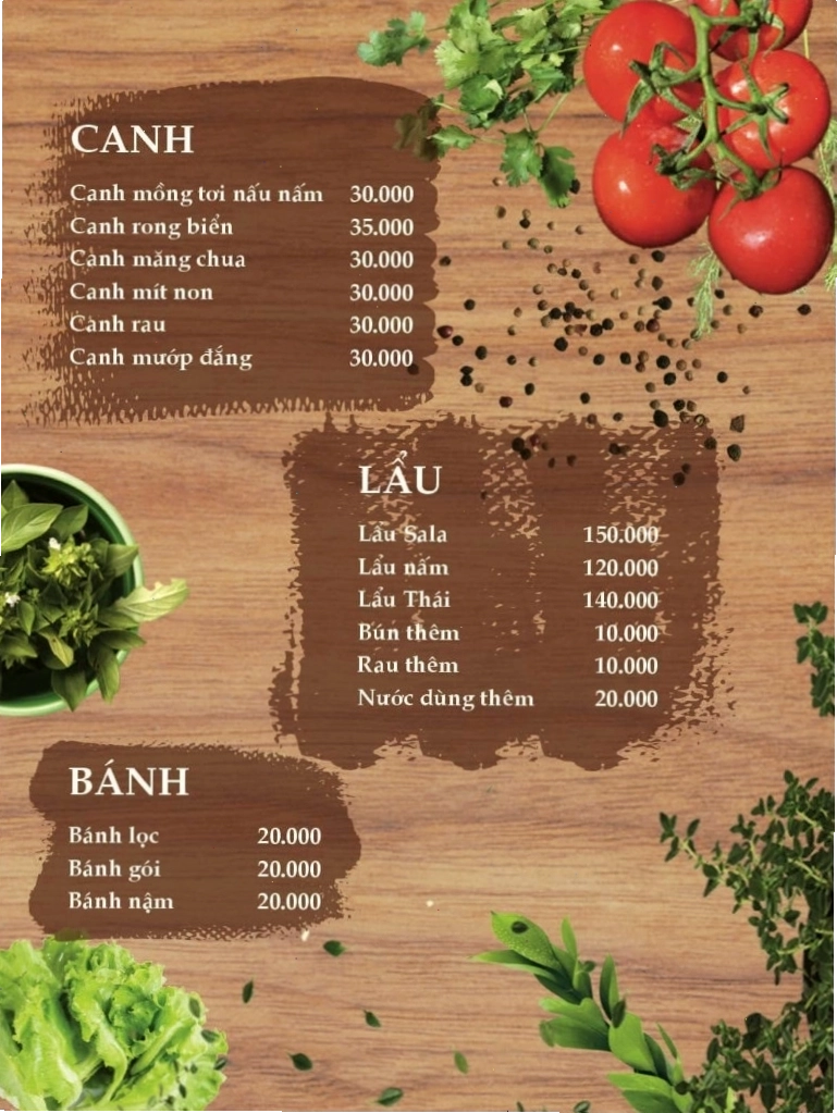 Menu món chay đa dạng tại Nhà hàng Chay Sala Huế