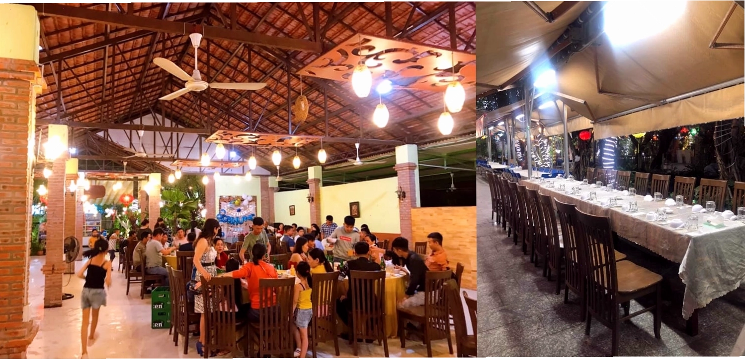 Một góc không gian sân vườn xanh mát của Nhà hàng Vườn Xoài Nha Trang