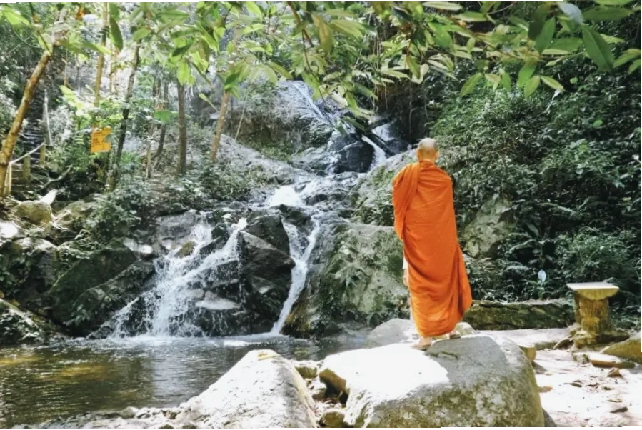 Nhà sư bên suối tạo nên khung cảnh thanh tịnh