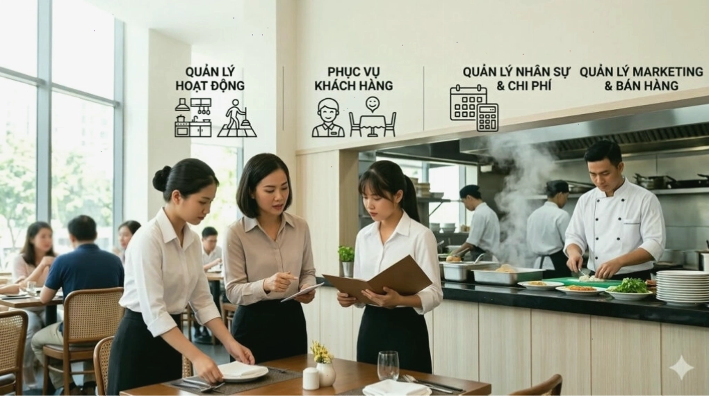 Nhân viên nhà hàng chuyên nghiệp đang phục vụ khách hàng
