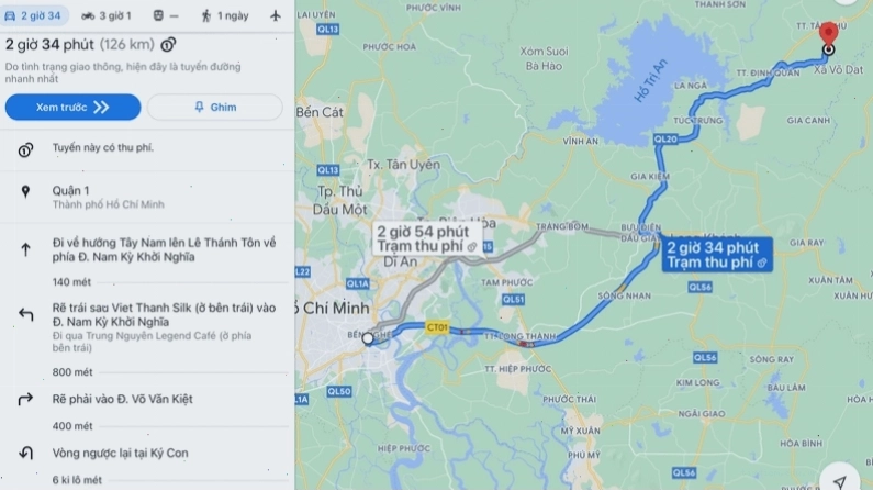 Quãng đường di chuyển từ Trung tâm Thành phố Hồ Chí Minh đến khu du lịch Suối Mơ