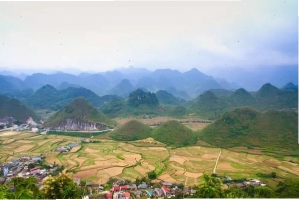 Ruộng bậc thang xanh mướt bao quanh Núi Đôi Quản Bạ vào mùa hè