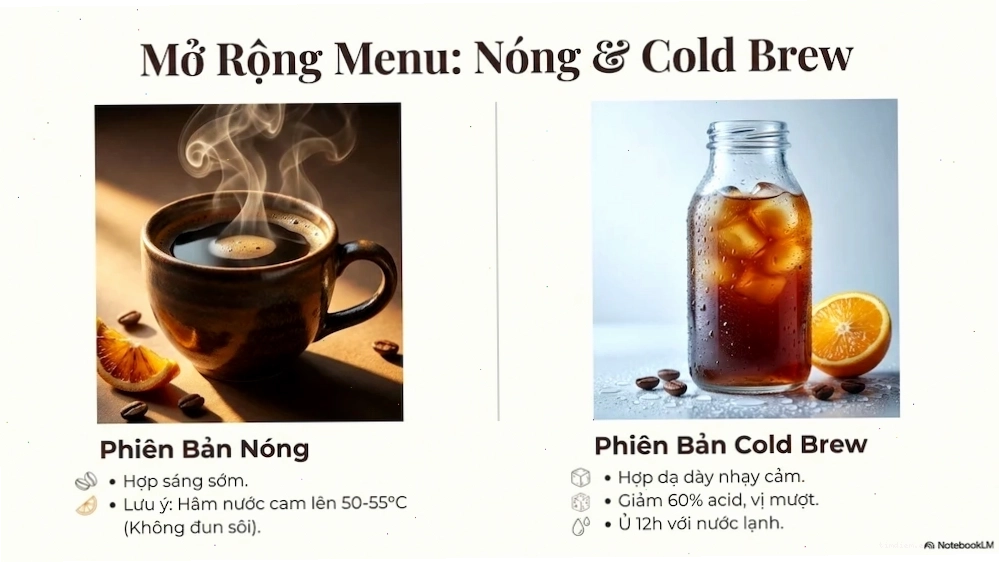 So sánh các phiên bản cà phê cam nóng, đá và cold brew để chọn lựa phù hợp