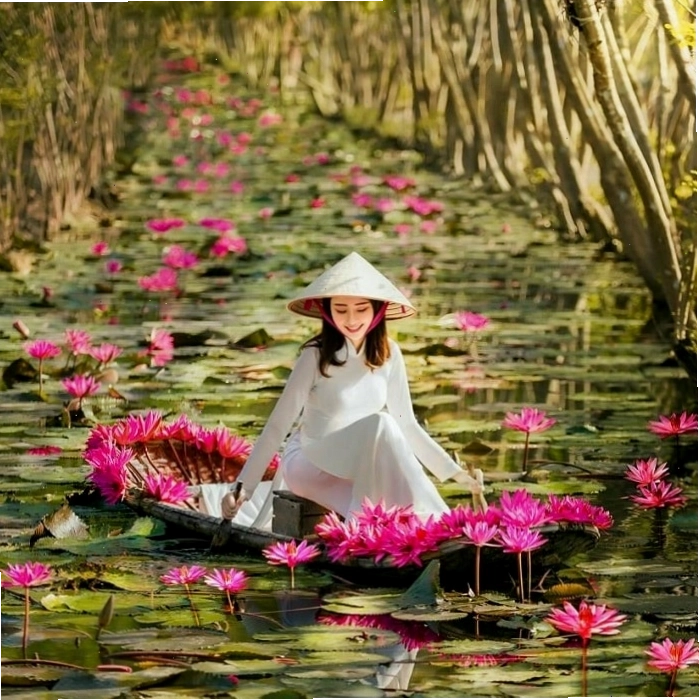 Tà áo dài Việt Nam duyên dáng trên thuyền hoa súng