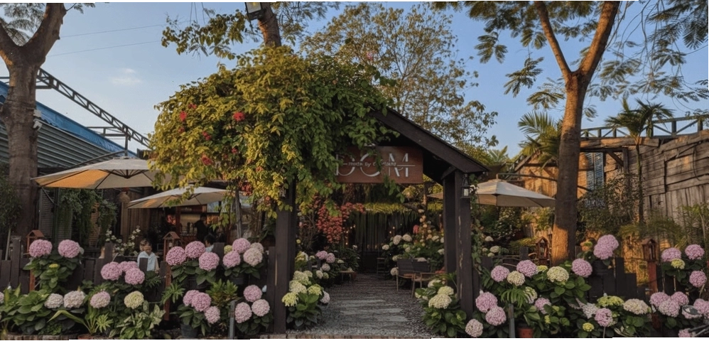 The DOM Cafe rực rỡ sắc hoa cẩm tú cầu