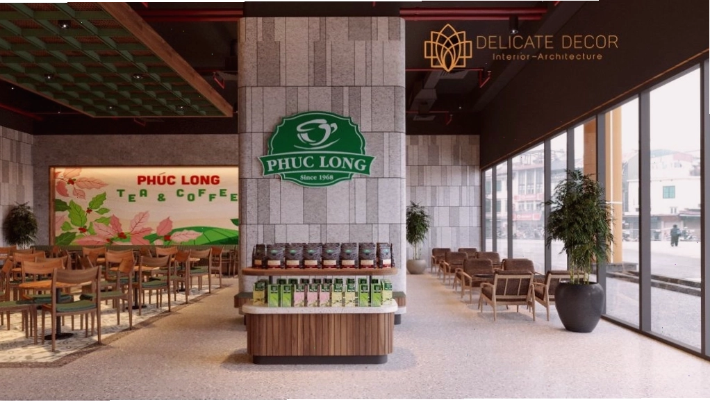 Thiết kế không gian Phúc Long Coffee & Tea Lê Văn Lương với gam màu gỗ và xanh lá