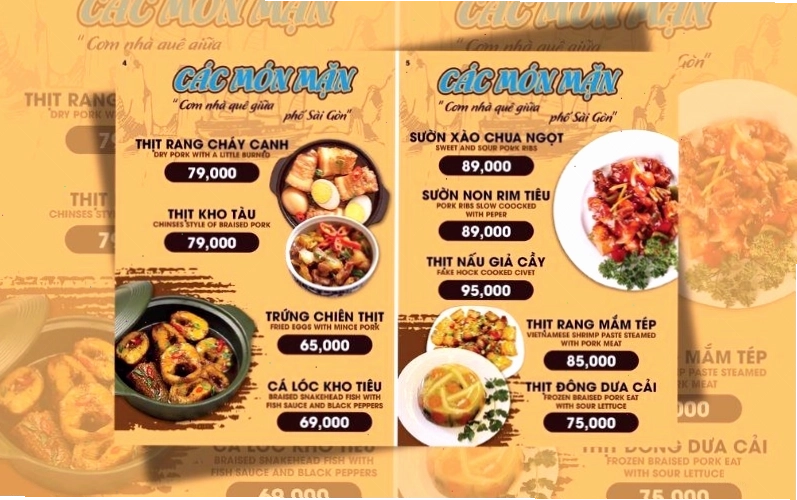 Thực đơn cho nhà hàng ẩm thực gia đình Việt ấm cúng