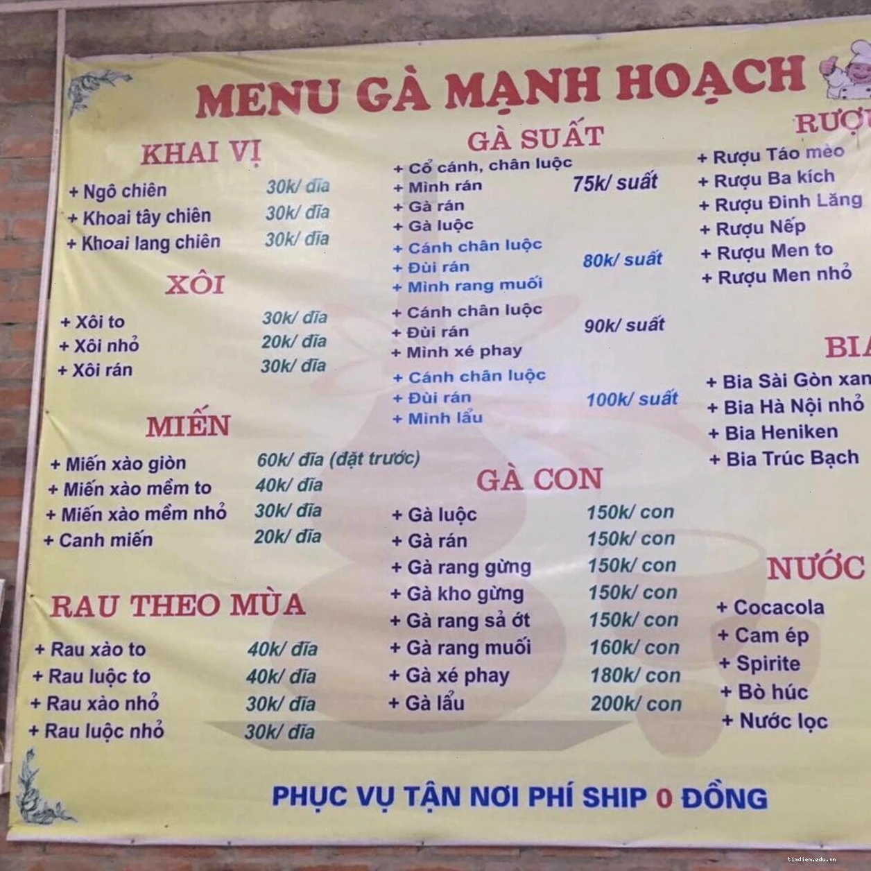 Thực đơn đa dạng các món gà tại nhà hàng Mạnh Hoạch