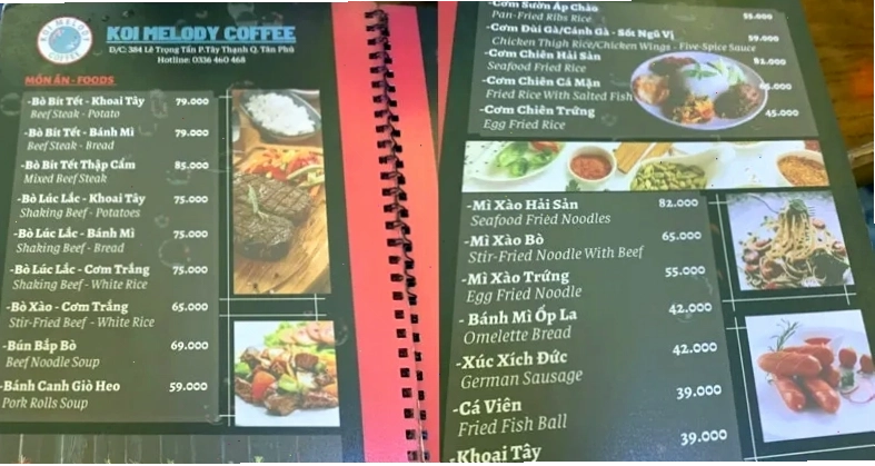 Thực đơn phong phú của Koi Melody Coffee với nhiều món ăn và đồ uống hấp dẫn
