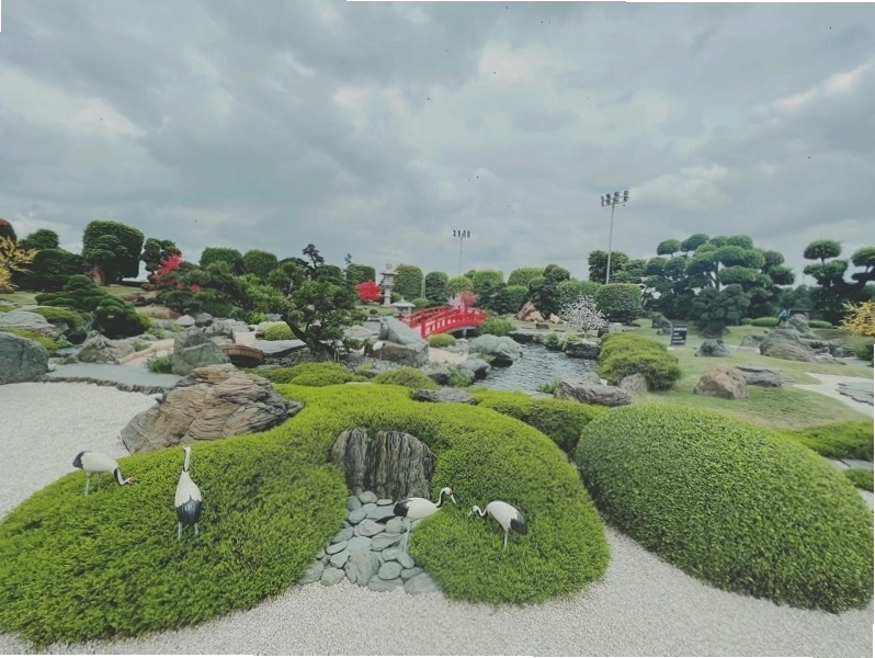 Toàn cảnh Công viên Cá Koi Rin Rin Park với không gian xanh mát