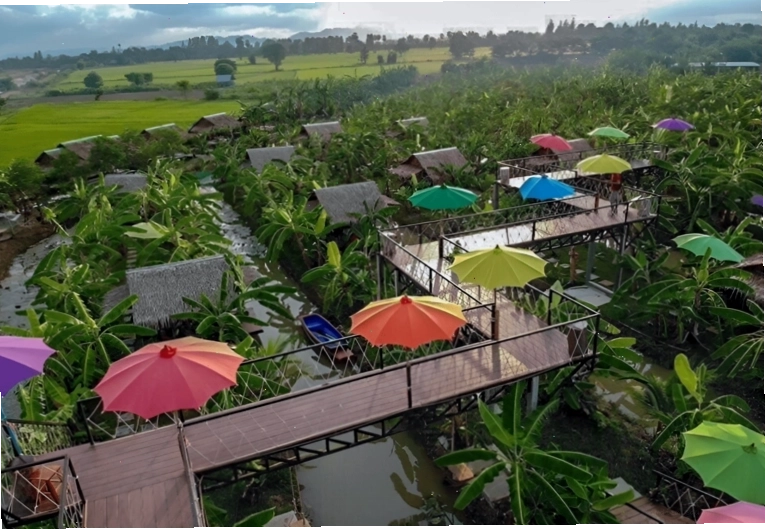 Toàn cảnh Về Nhà Homestay Bến Tre nhìn từ trên cao với không gian xanh mát