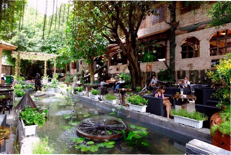 Trang trí quán cafe sân vườn với hồ nước và cây xanh